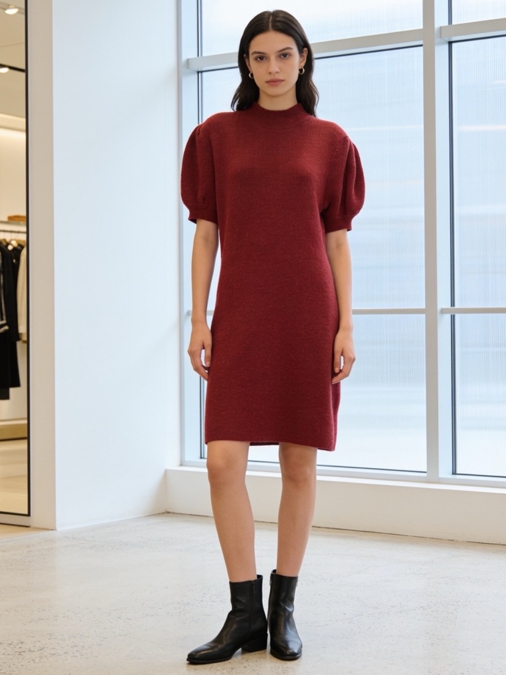 NWT Sunday Edition Red Puff Sleeve Mock Neck Sweater Dress Medium